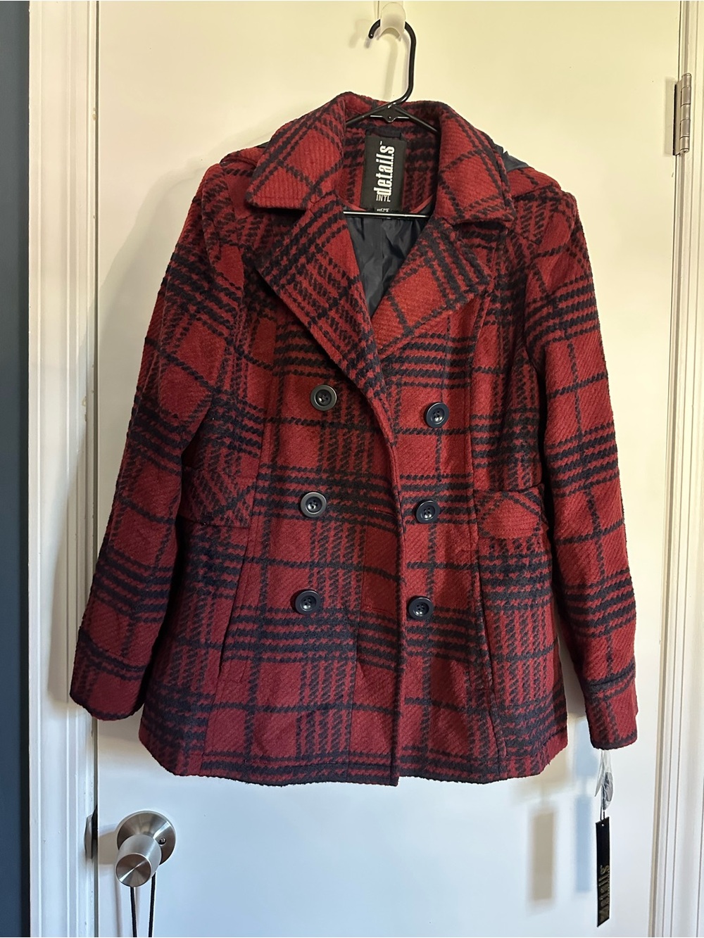 INTL d.e.t.a.i.l.s Red/Navy Plaid Double-Breasted Peacoat Woman’s Medium NWT